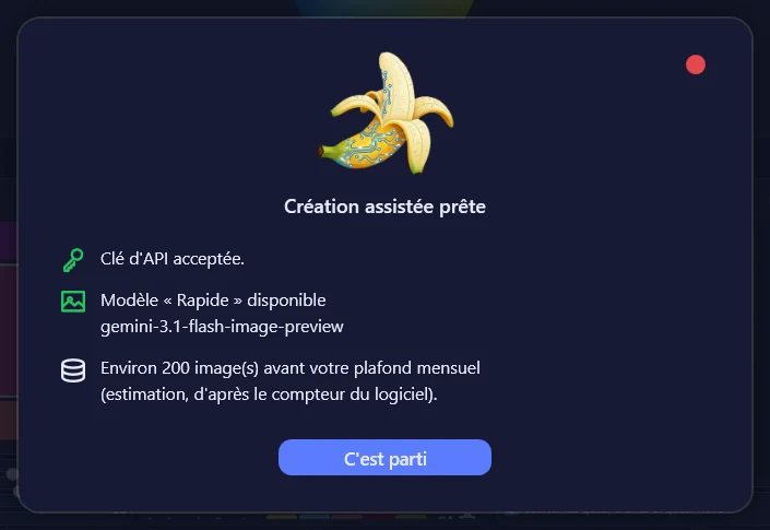 La fenêtre Création assistée prête : clé d'API acceptée, modèle Rapide disponible, environ 200 images avant le plafond mensuel