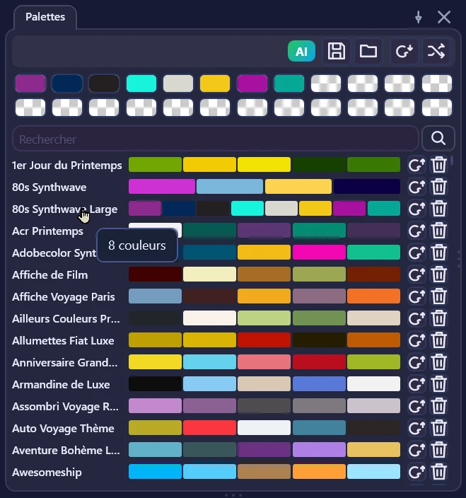 Le bloc Palettes : barre d'outils, palette courante, bibliothèque avec sa recherche