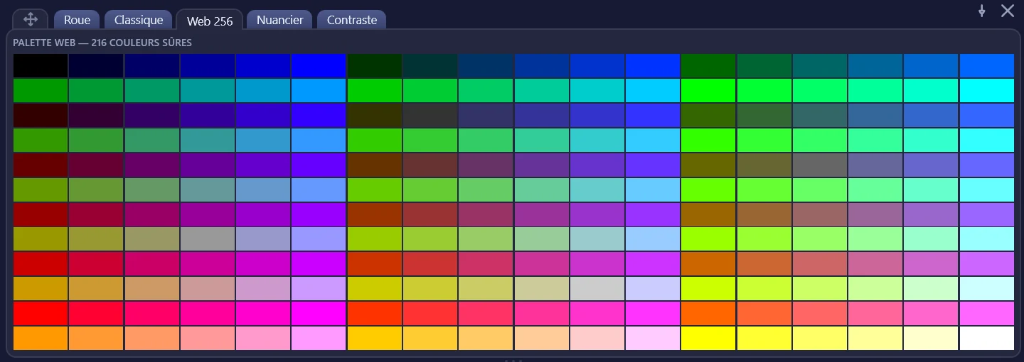 La grille des 216 couleurs sûres, douze rangées de dix-huit cases