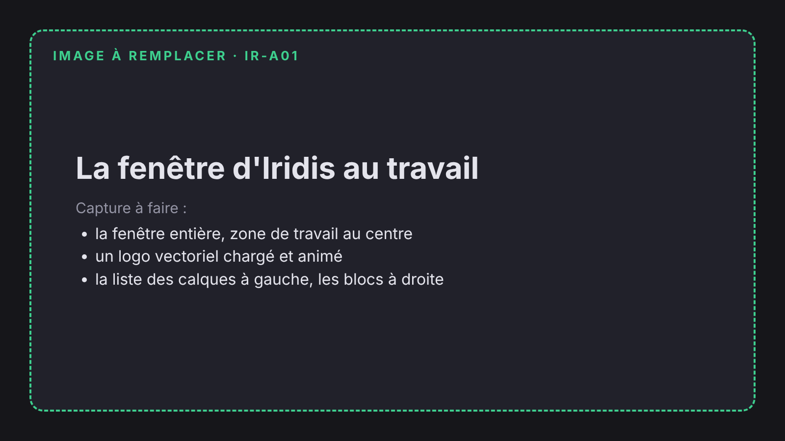Capture de la fenêtre principale d'Iridis avec un logo animé dans la zone de travail