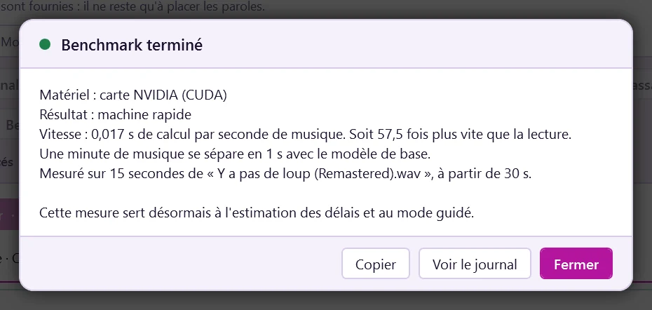 La fenêtre Benchmark terminé avec le matériel, le résultat et la vitesse mesurée