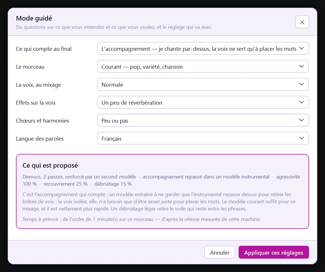 La fenêtre « Mode guidé » avec ses six questions et la zone « Ce qui est proposé »