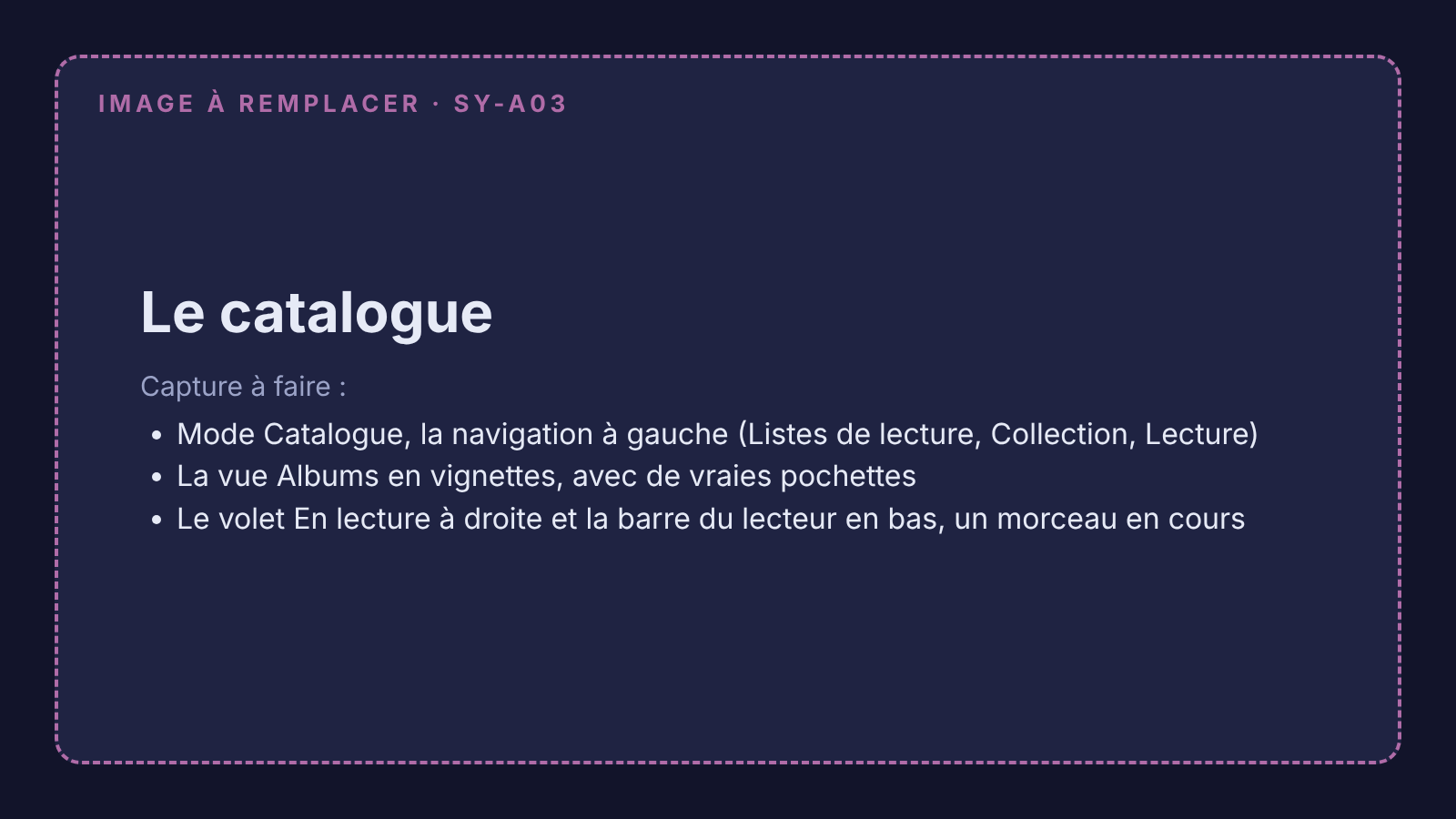Le mode Catalogue : navigation à gauche, cartes d'albums au centre, volet « En lecture » à droite