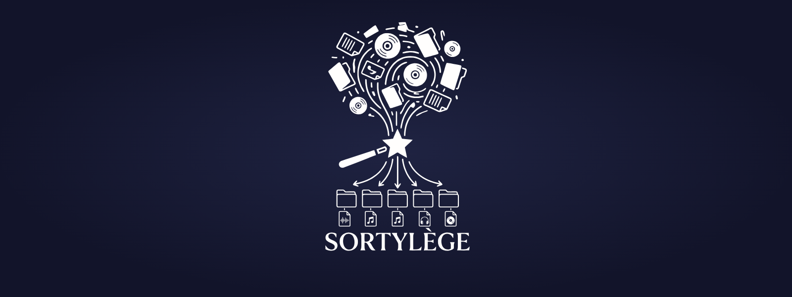 Logo de Sortylège : une baguette magique fait jaillir disques et fichiers, rangés dans des dossiers