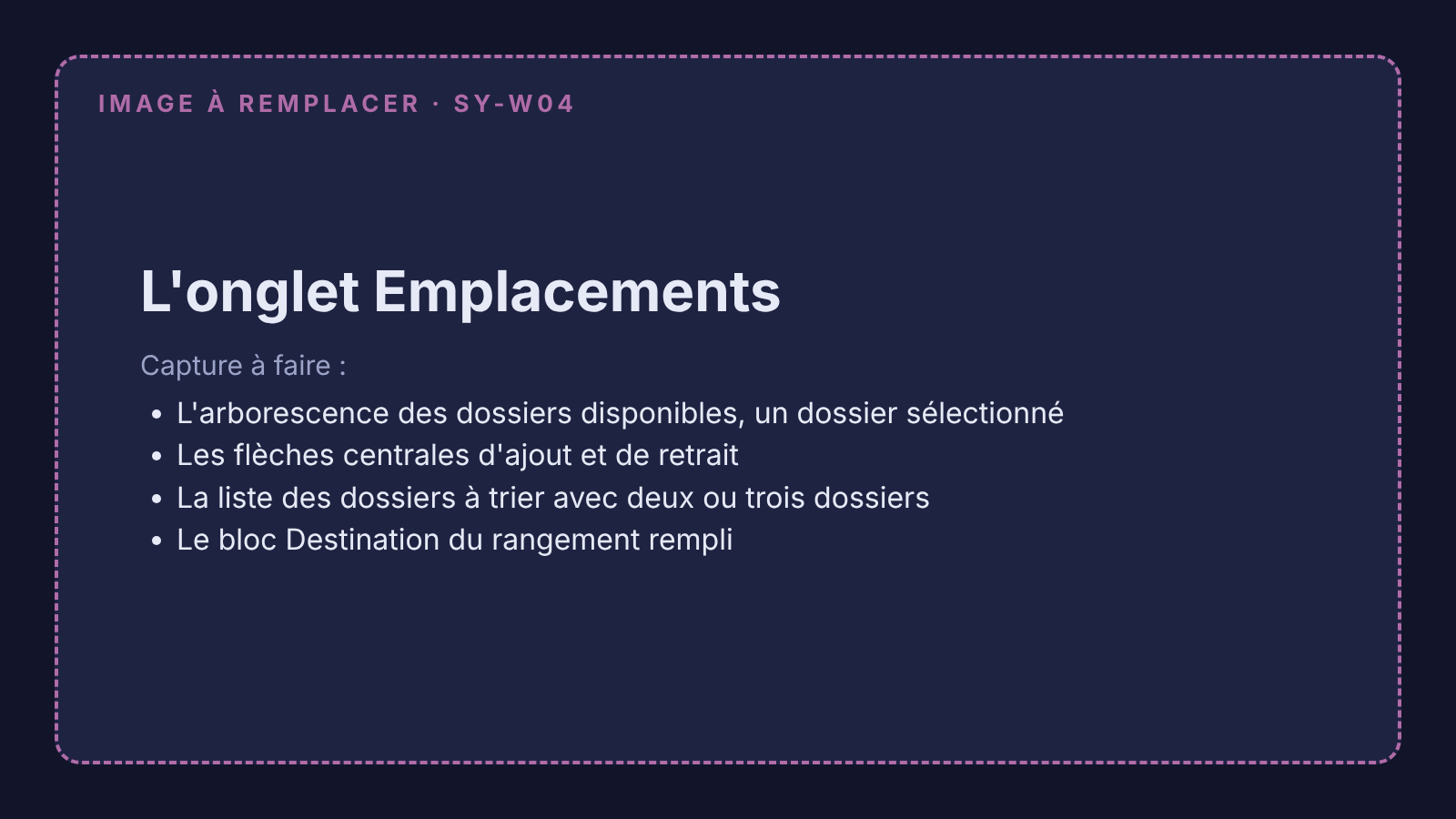 Capture à remplacer : l'onglet Emplacements avec l'arborescence, les dossiers à trier et la destination