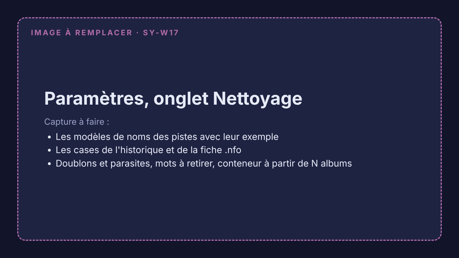Capture à remplacer : Paramètres, onglet Nettoyage