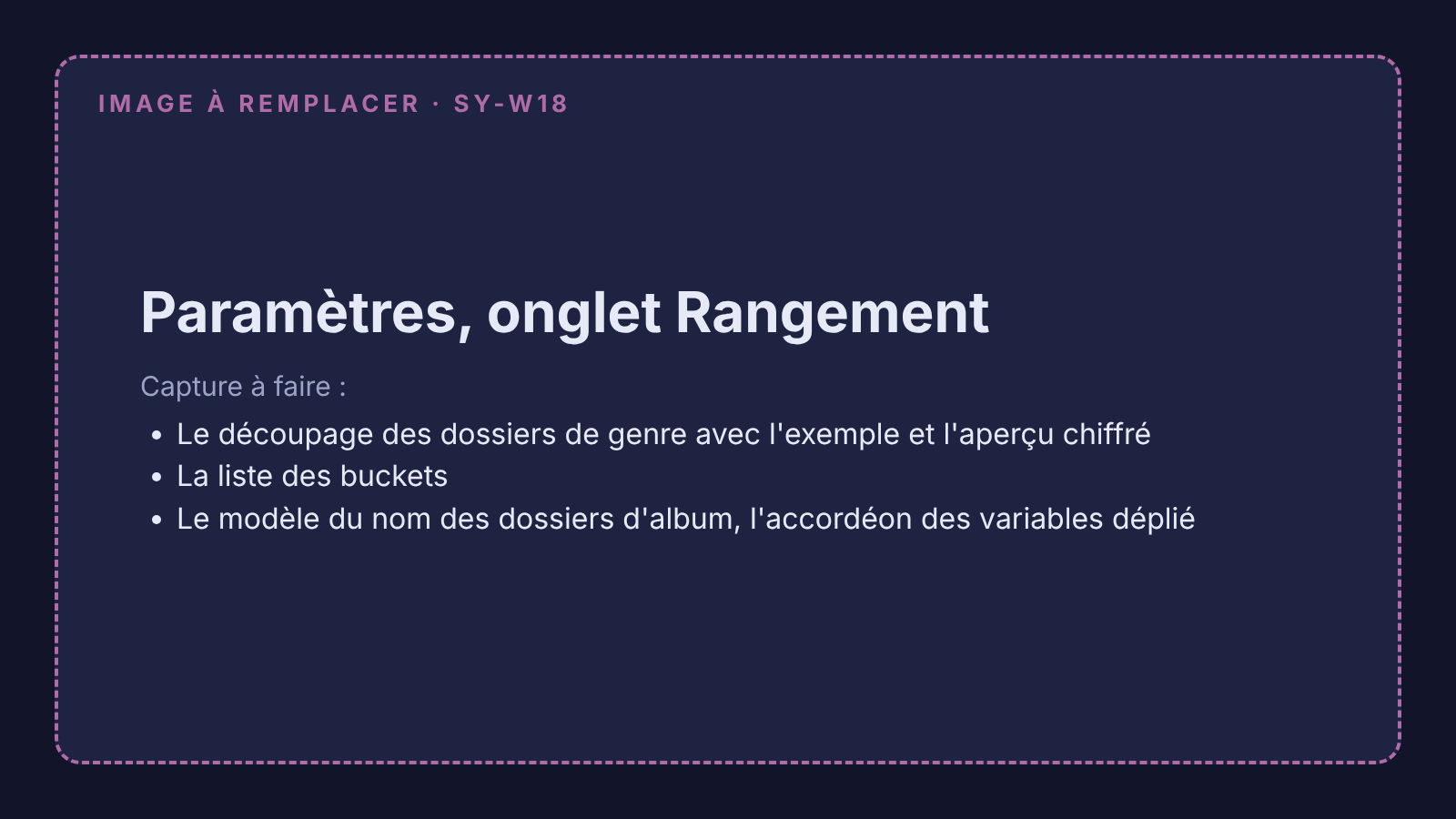 Capture à remplacer : Paramètres, onglet Rangement, avec le découpage et le modèle de nom