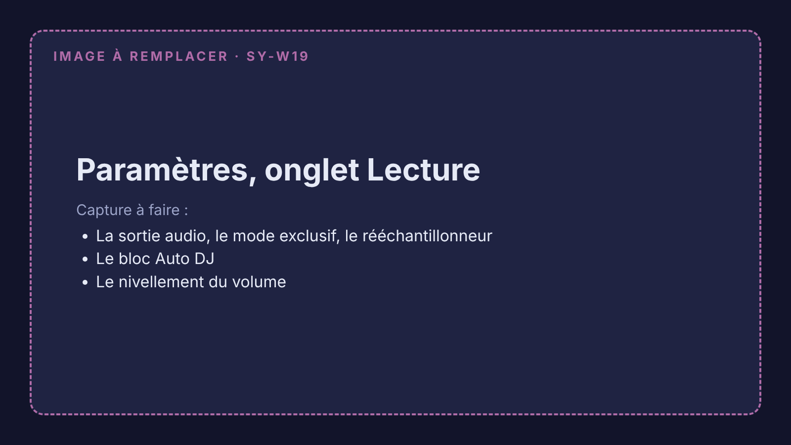 Capture à remplacer : Paramètres, onglet Lecture, avec la sortie audio et l'Auto DJ