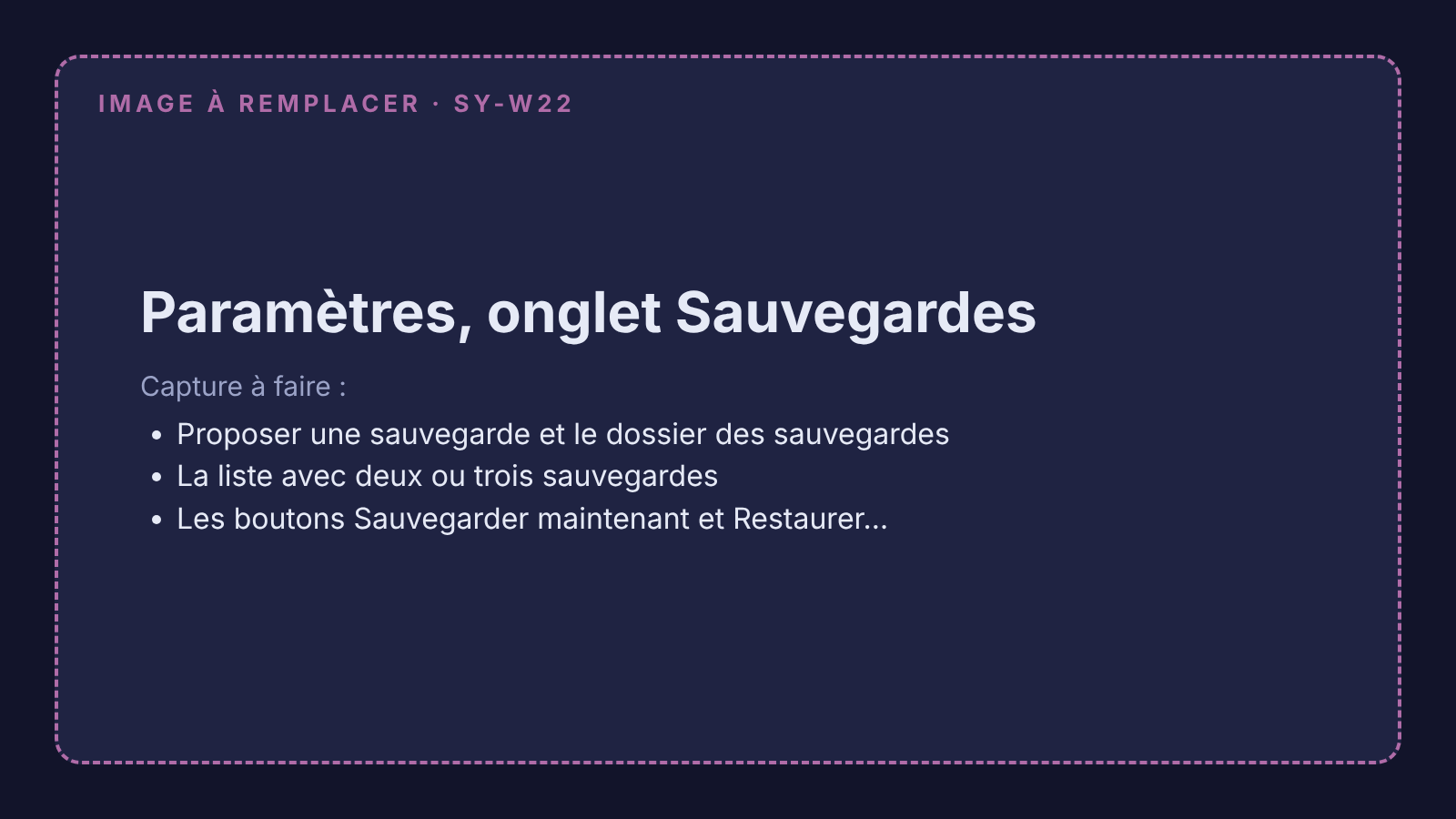 Capture à remplacer : Paramètres, onglet Sauvegardes, avec la liste des sauvegardes