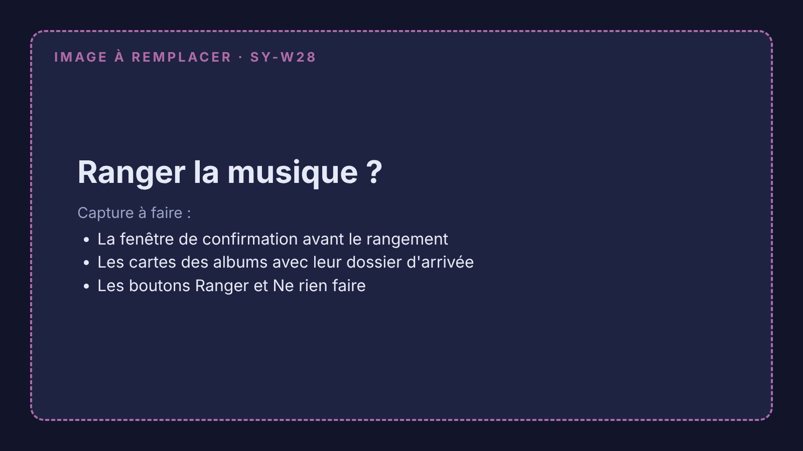 Capture à remplacer : la fenêtre de confirmation Ranger la musique ? avec les cartes des albums