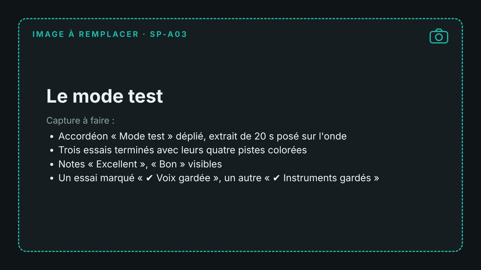 Capture du mode test avec plusieurs essais, leurs quatre pistes et leurs notes