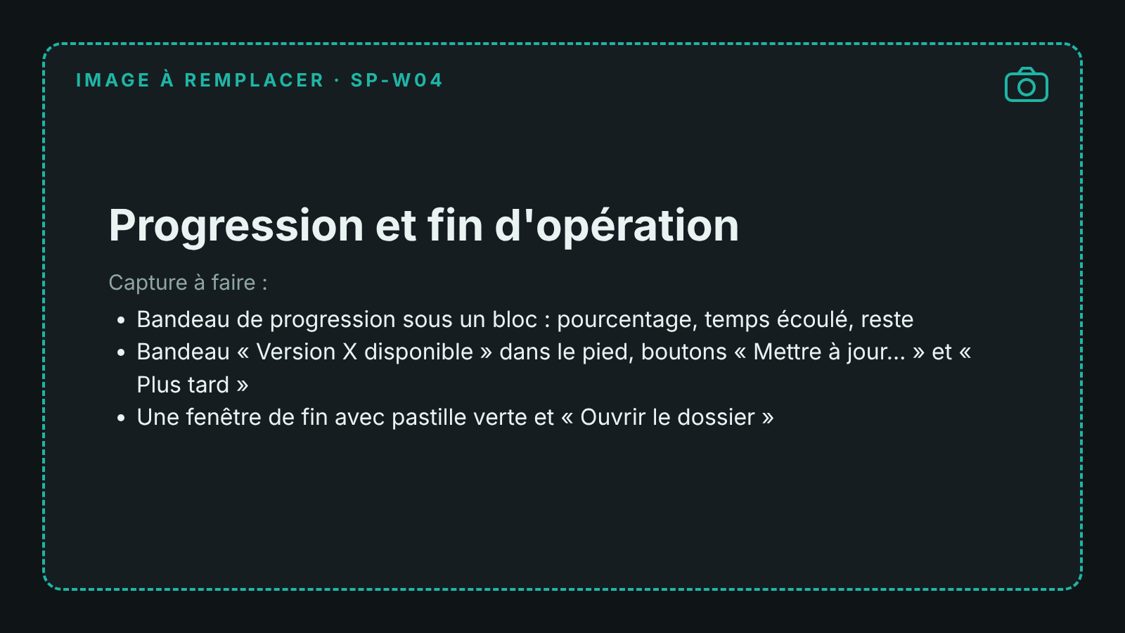 Capture du bandeau de progression et d'une fenêtre de fin d'opération