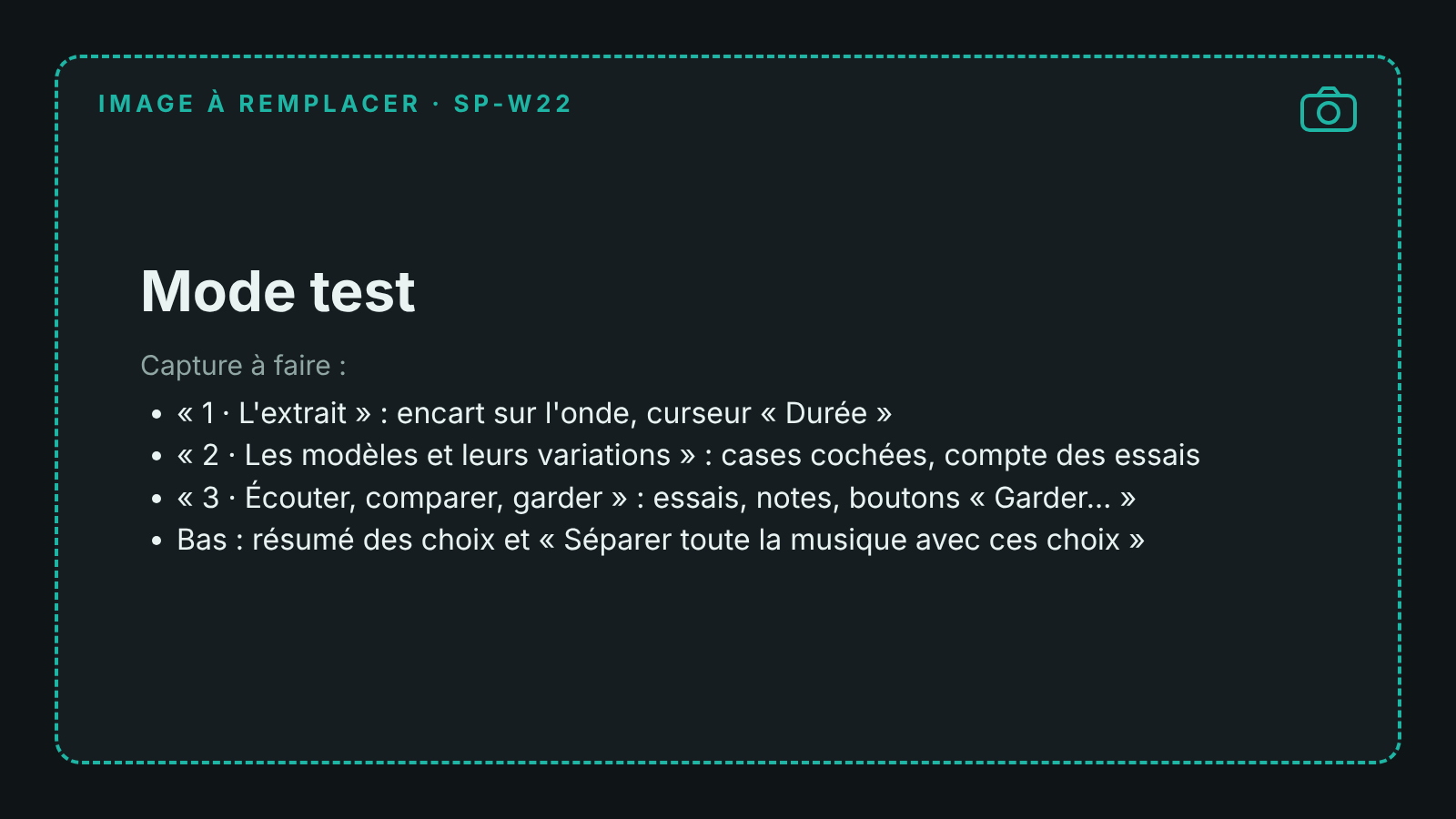 Capture du mode test avec ses essais